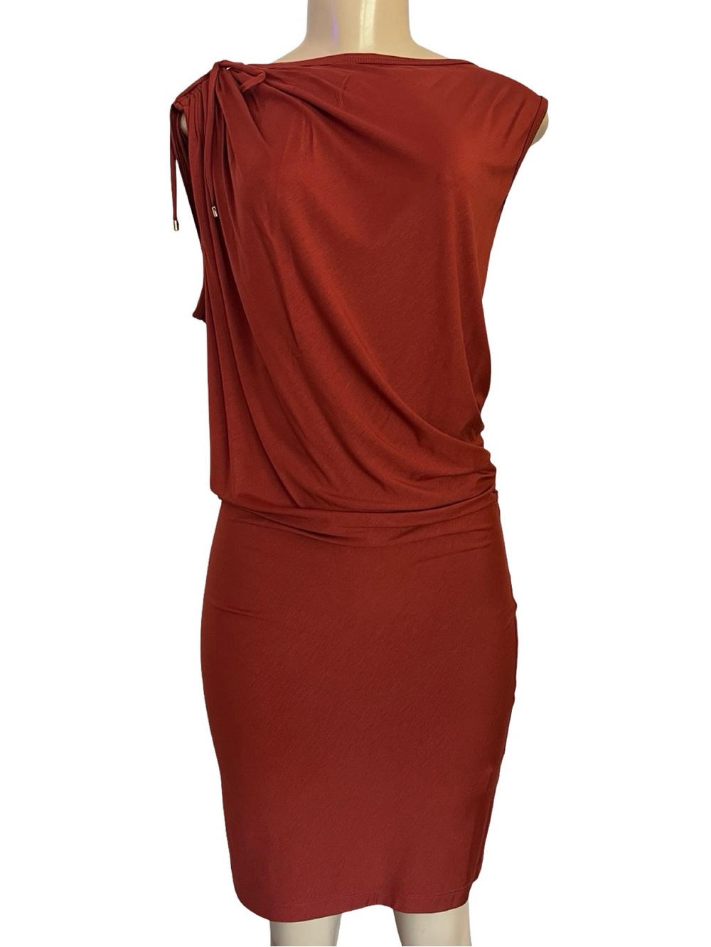 Trina Turk Dress XS Cinnamon Orange Ruched Sheath Tie Shoulder NWT $228